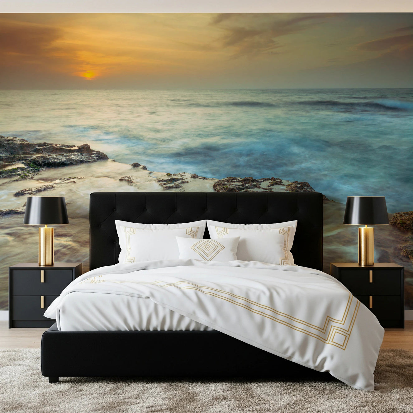 Bedroom styled with Coastal Radiance Wall Mural showing sunset waves behind bed