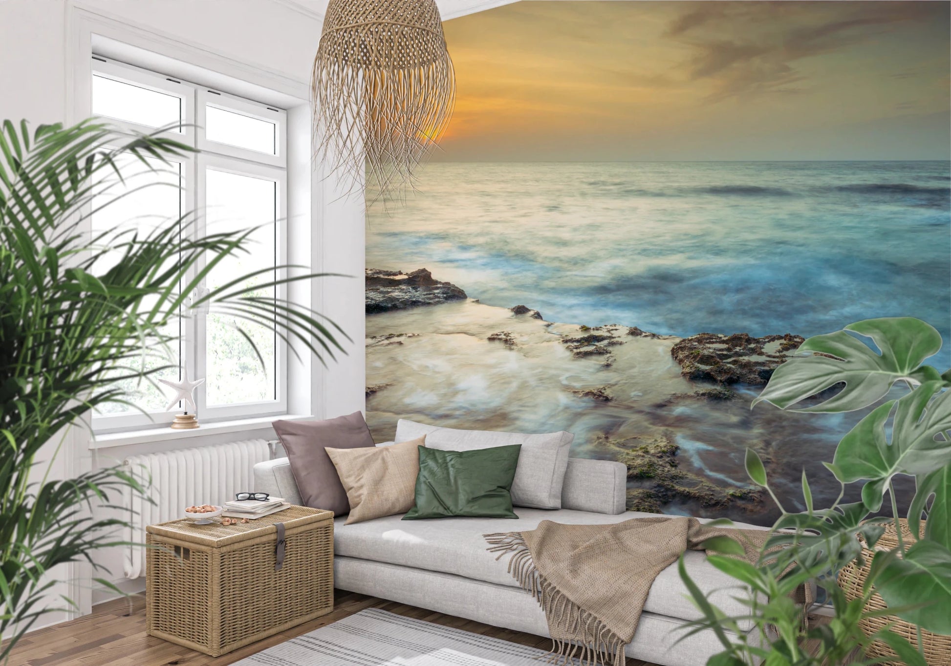 Soft-toned bedroom features Coastal Radiance Wall Mural with calm ocean horizon, GD8634