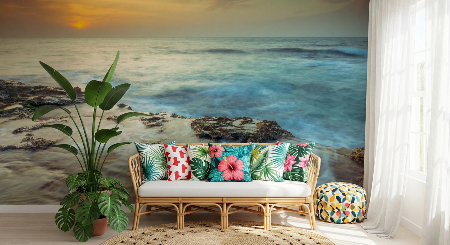 Cozy lounge space framed by Coastal Radiance Wall Mural and sunset horizon, GD8634