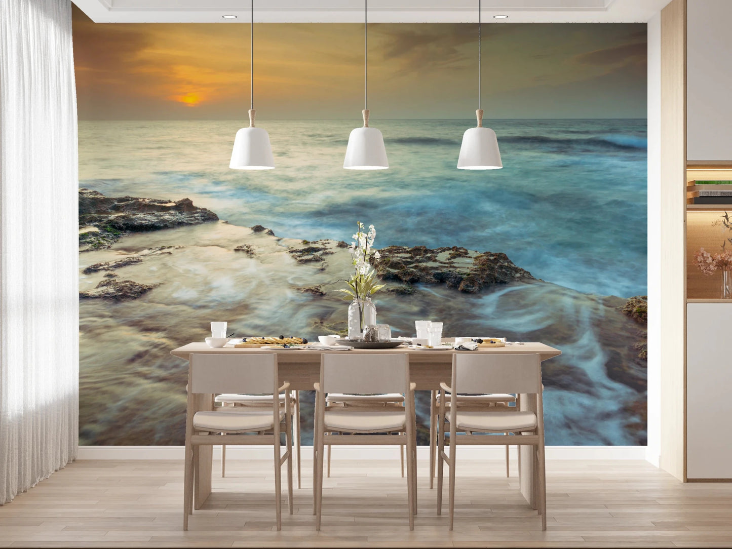 Dining room shows Coastal Radiance Wall Mural with soft wave motion, GD8634