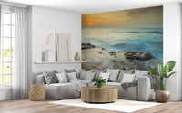 Modern living room displays Coastal Radiance Wall Mural with rocky tide view, GD8634
