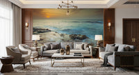 Minimal sitting corner uses Coastal Radiance Wall Mural for relaxed sea mood, GD8634