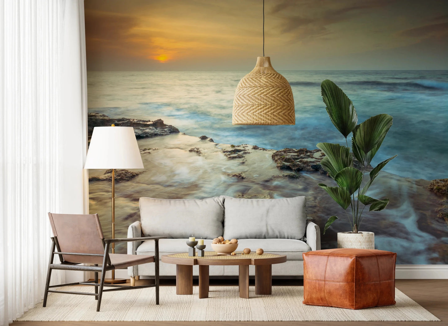 Living room setup uses Coastal Radiance Wall Mural for a wide coastal backdrop, GD8634