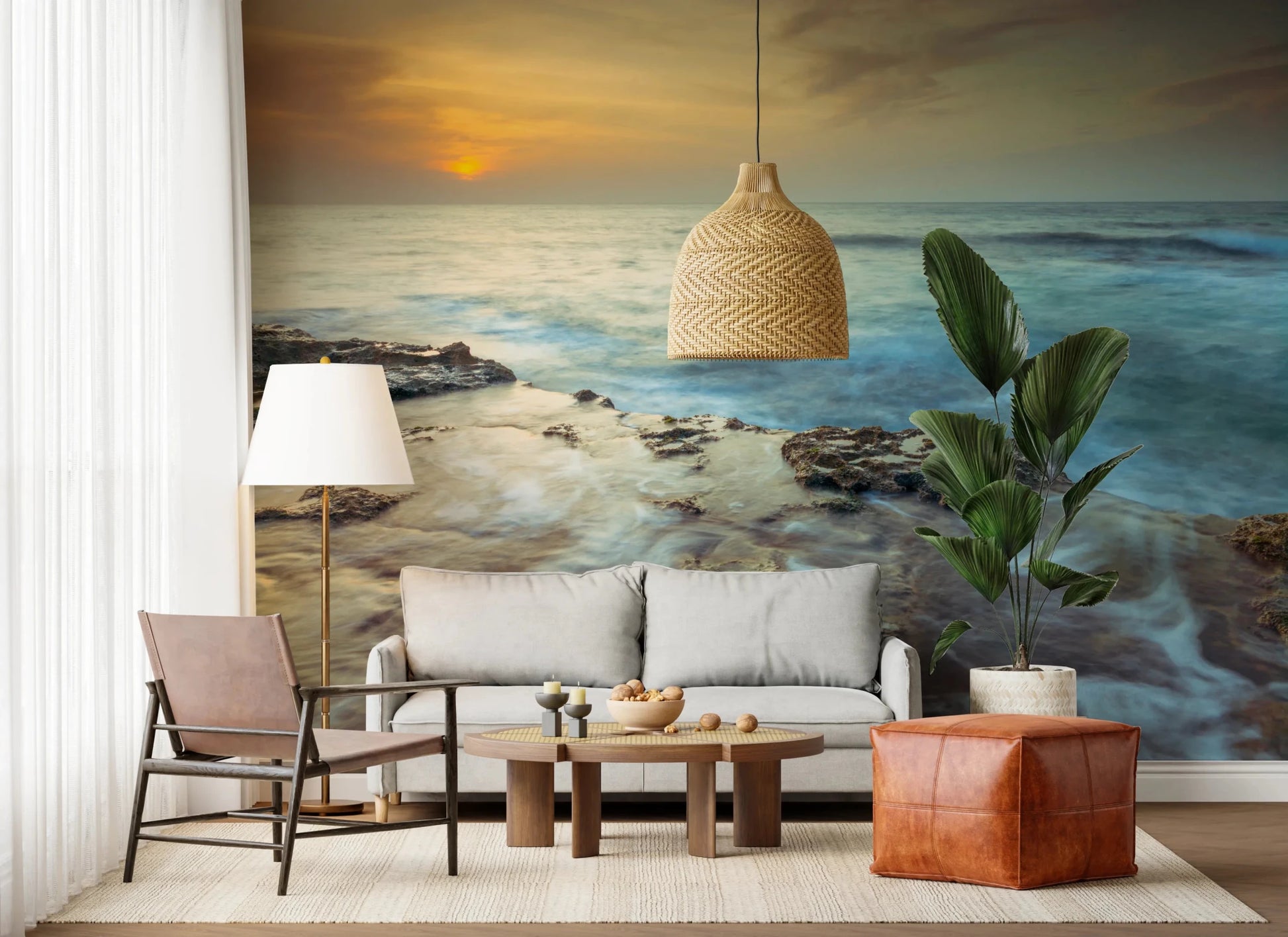 Living room setup uses Coastal Radiance Wall Mural for a wide coastal backdrop, GD8634