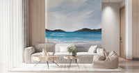 Coastal Scene Wall Mural applied as feature wall in modern apartment living room