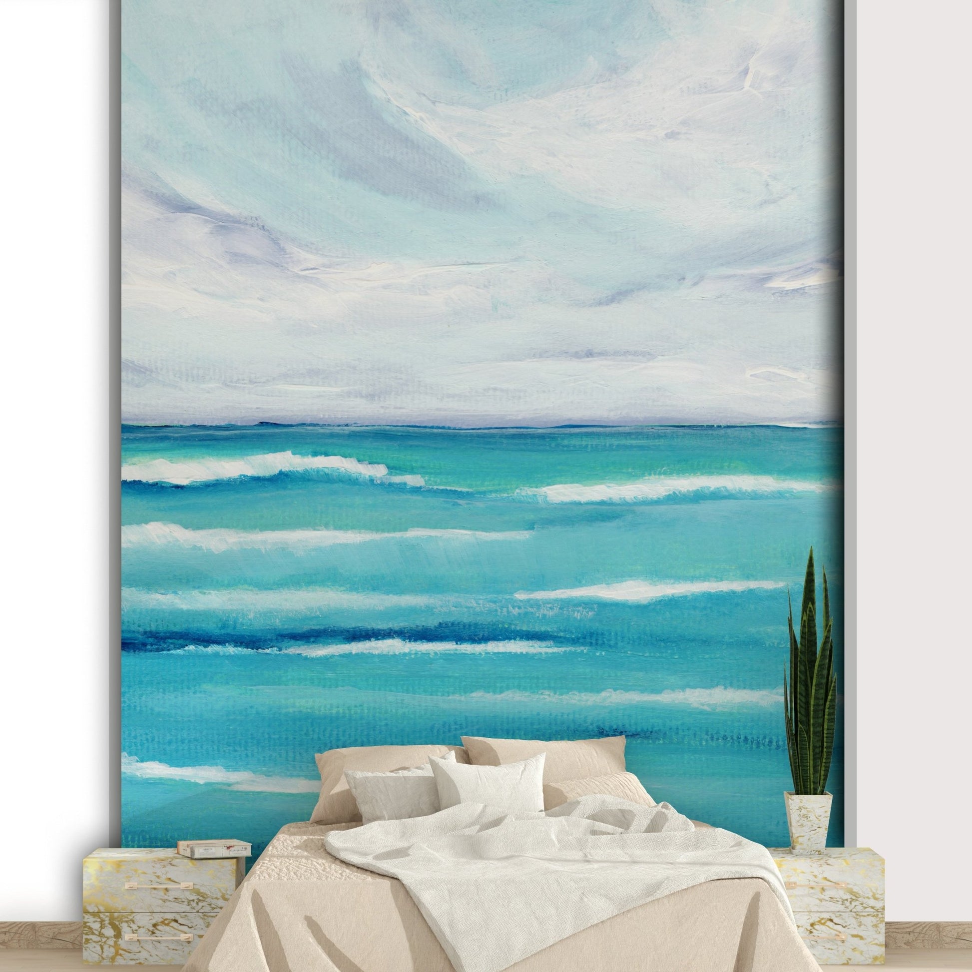 Soft blues and greens seascape wallpaper, GD1084