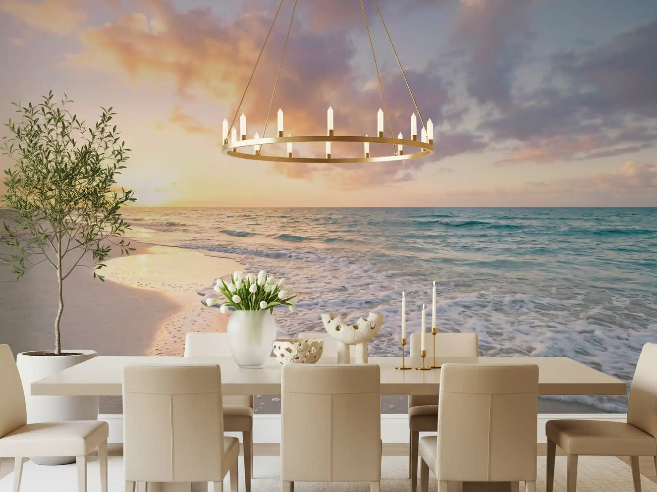 A calm beach scene in Coastal Serenity Sunset wall mural with soft surf