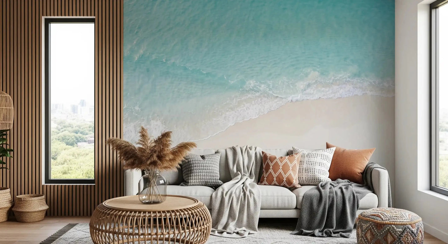 Ocean shoreline wall mural Coastal Serenity light tones