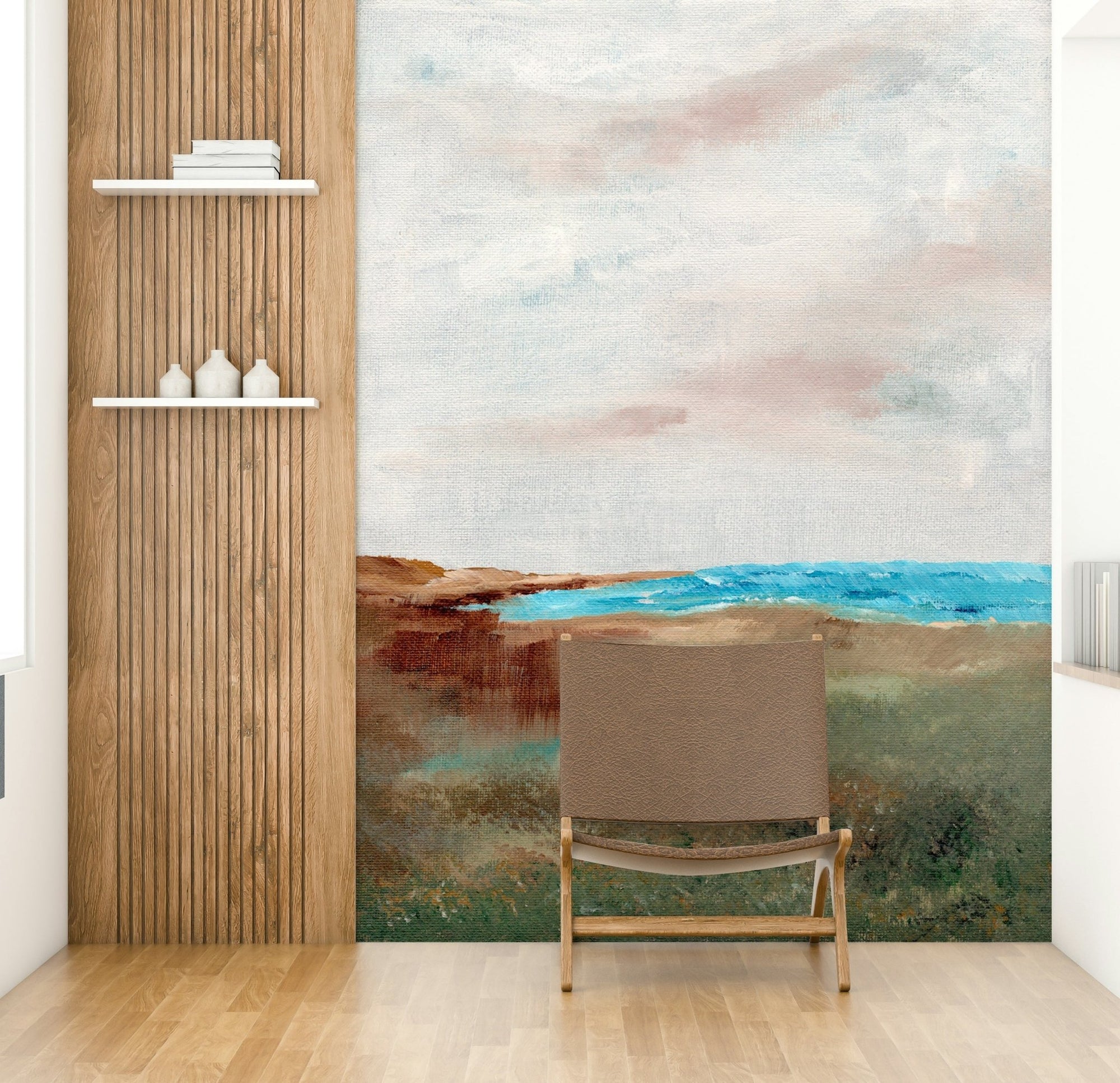 Serene ocean mural with soft coastal tones, GD901