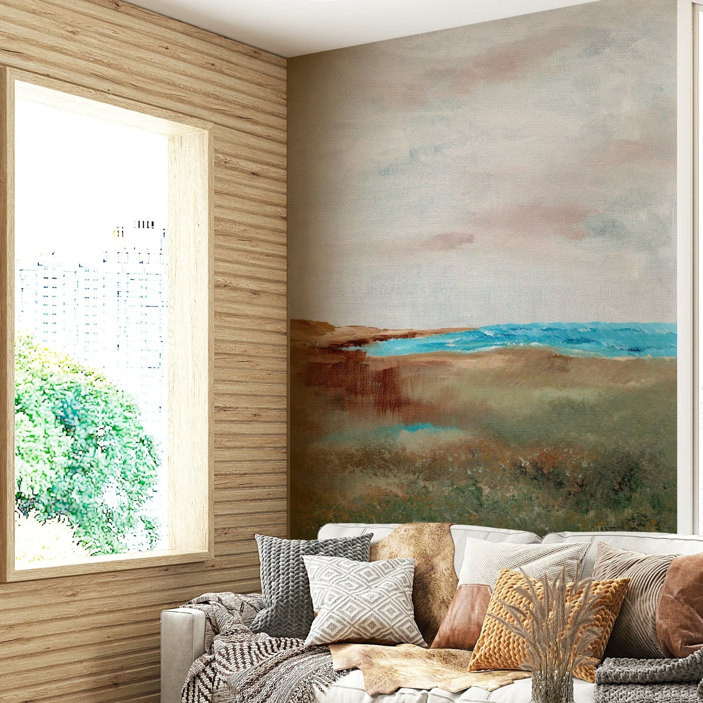 Beach-inspired mural with waves and soft skies, GD901