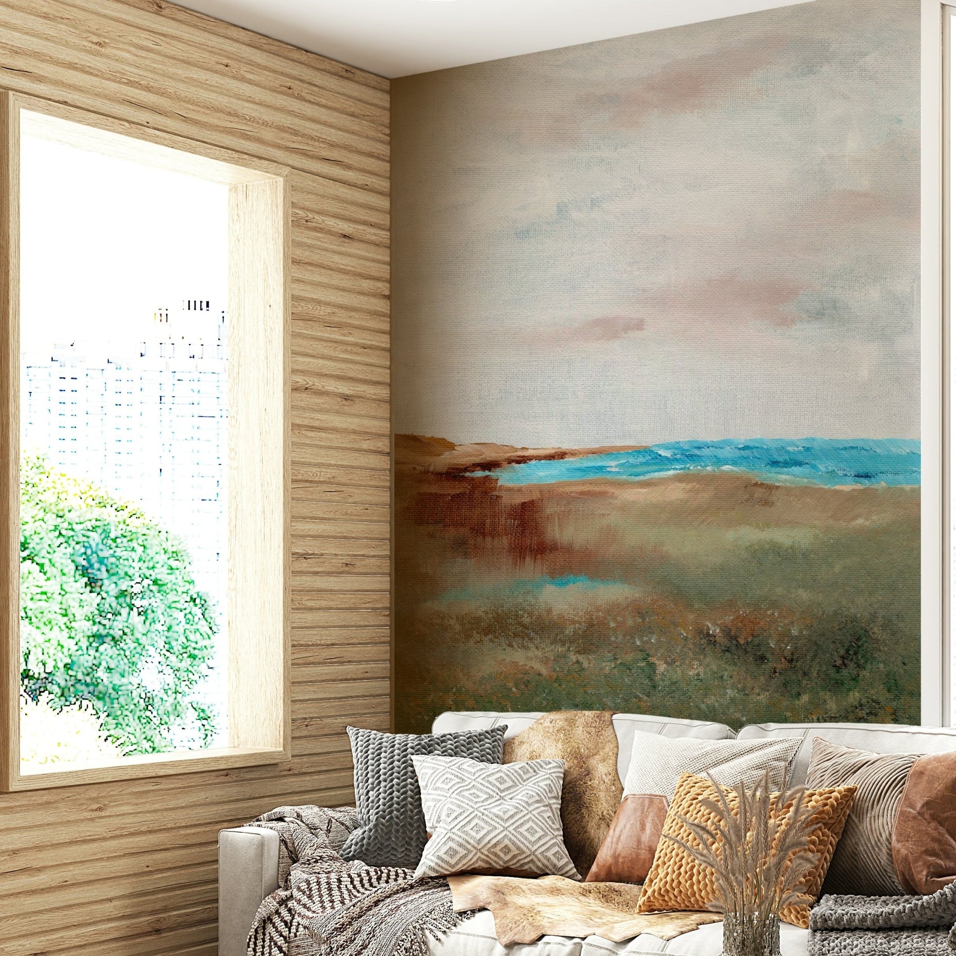 Beach-inspired mural with waves and soft skies, GD901