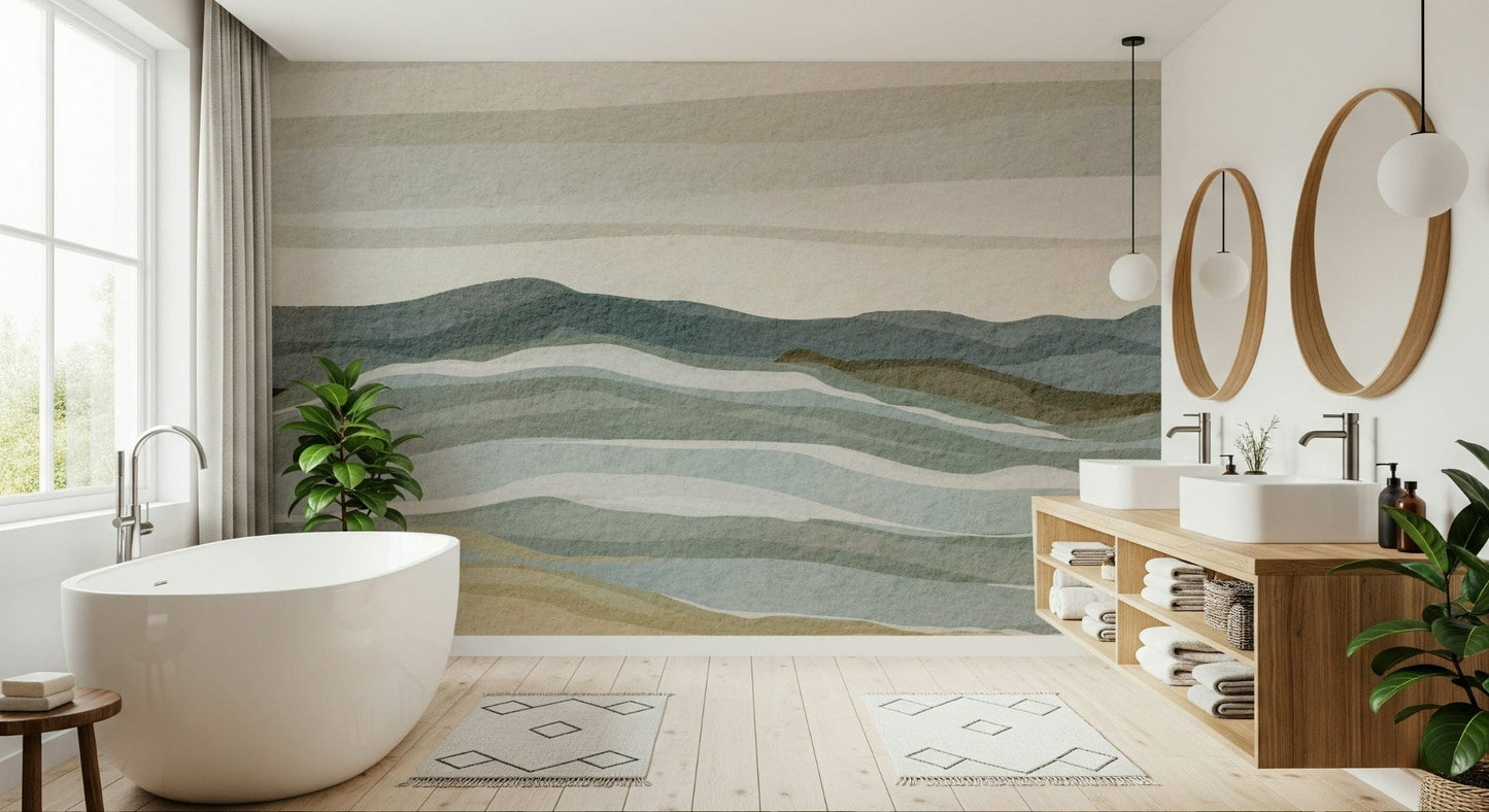 Watercolor wallpaper with serene dunes, sea, and coastal brush.