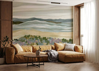 Coastal Serenity art print wall mural featuring muted greens and tan.
