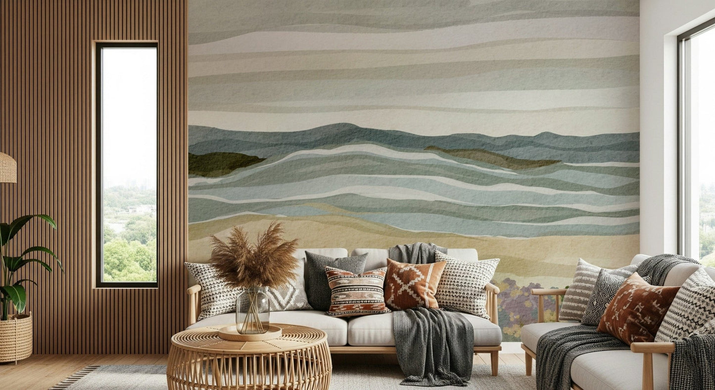 Coastal Serenity beach scene, textural blue, green, and tan mural.