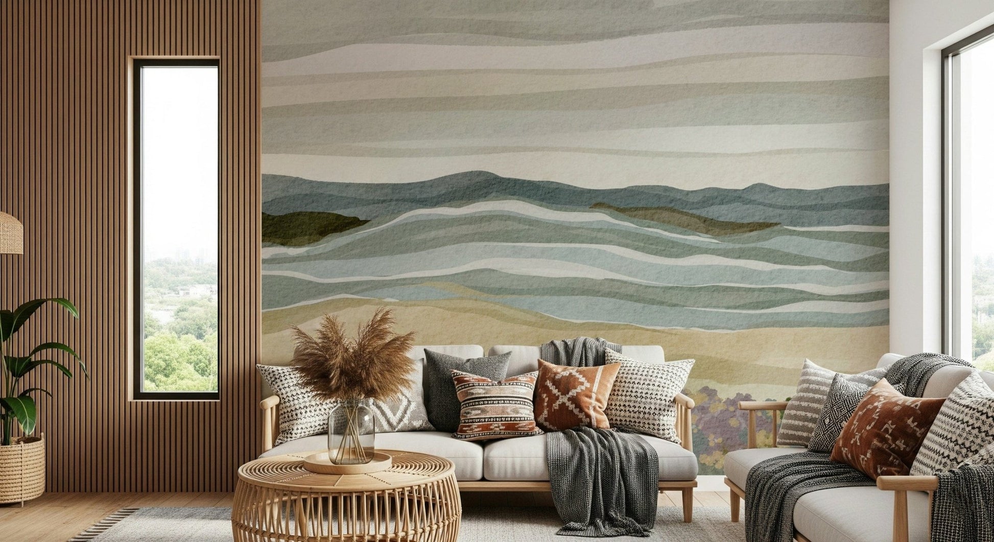 Coastal Serenity beach scene, textural blue, green, and tan mural.