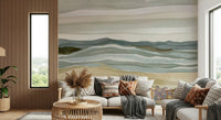 Coastal Serenity beach scene, textural blue, green, and tan mural.