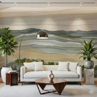Tranquil Coastal Serenity beachscape wall mural, muted landscape art.
