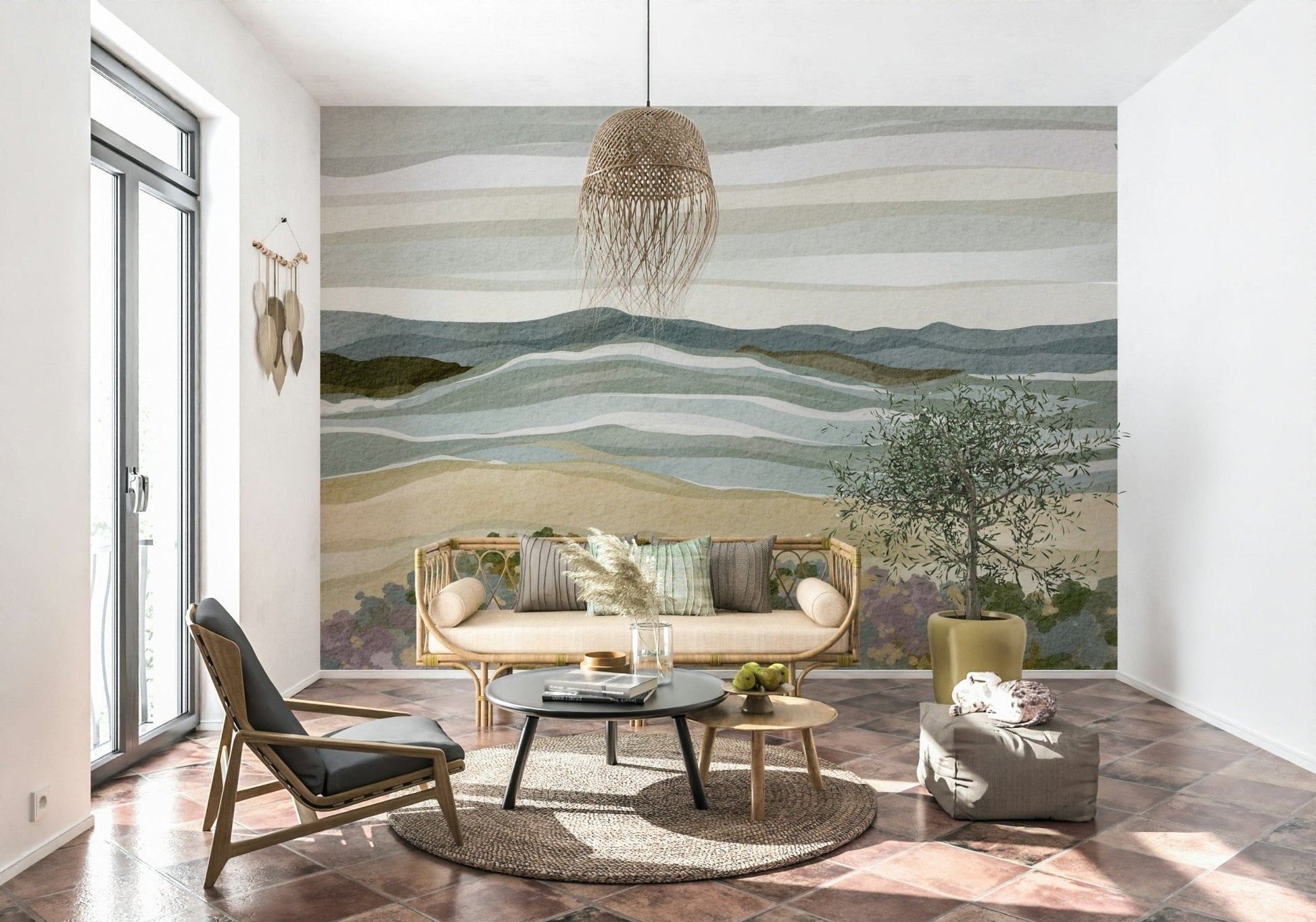 Artistic Coastal Serenity design, layered ocean view wall mural.