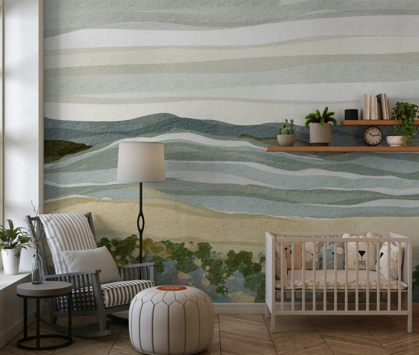 Nature-inspired Coastal Serenity art, textured beach scene mural.
