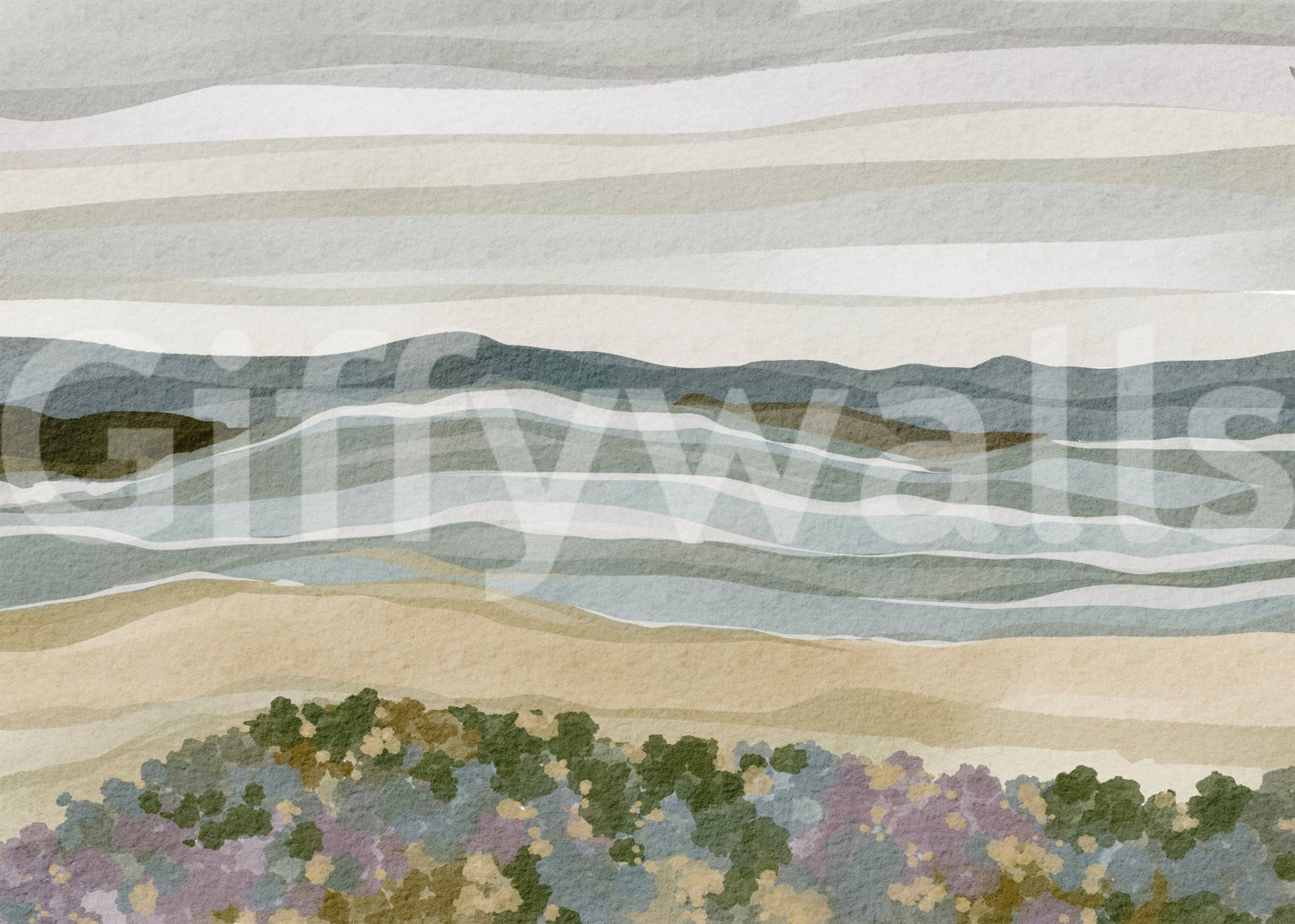 Coastal Serenity Wallpaper Mural, calming ocean watercolor waves design.