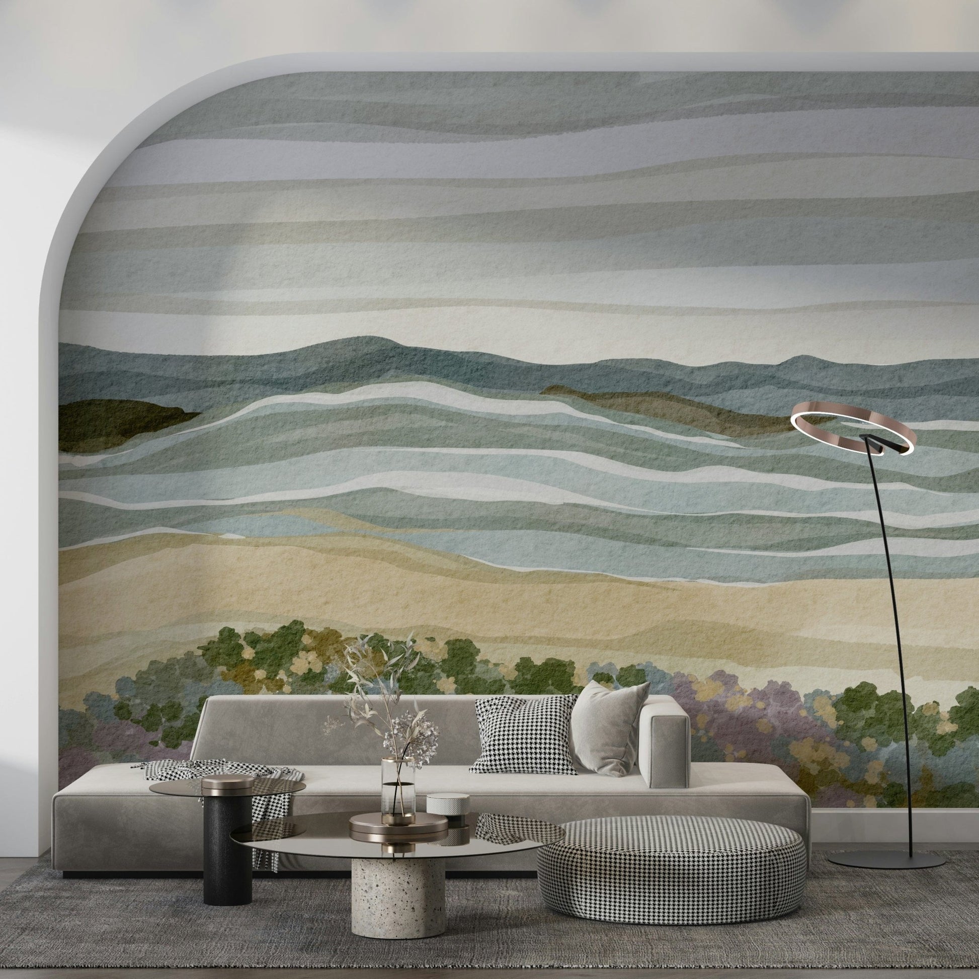 Coastal Serenity landscape, horizontal layers, calm watercolor mural.