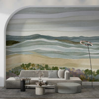 Coastal Serenity landscape, horizontal layers, calm watercolor mural.
