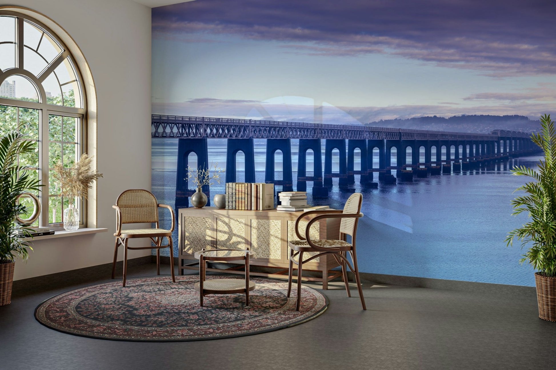 The ocean is visible, with soft waves on the shore.

