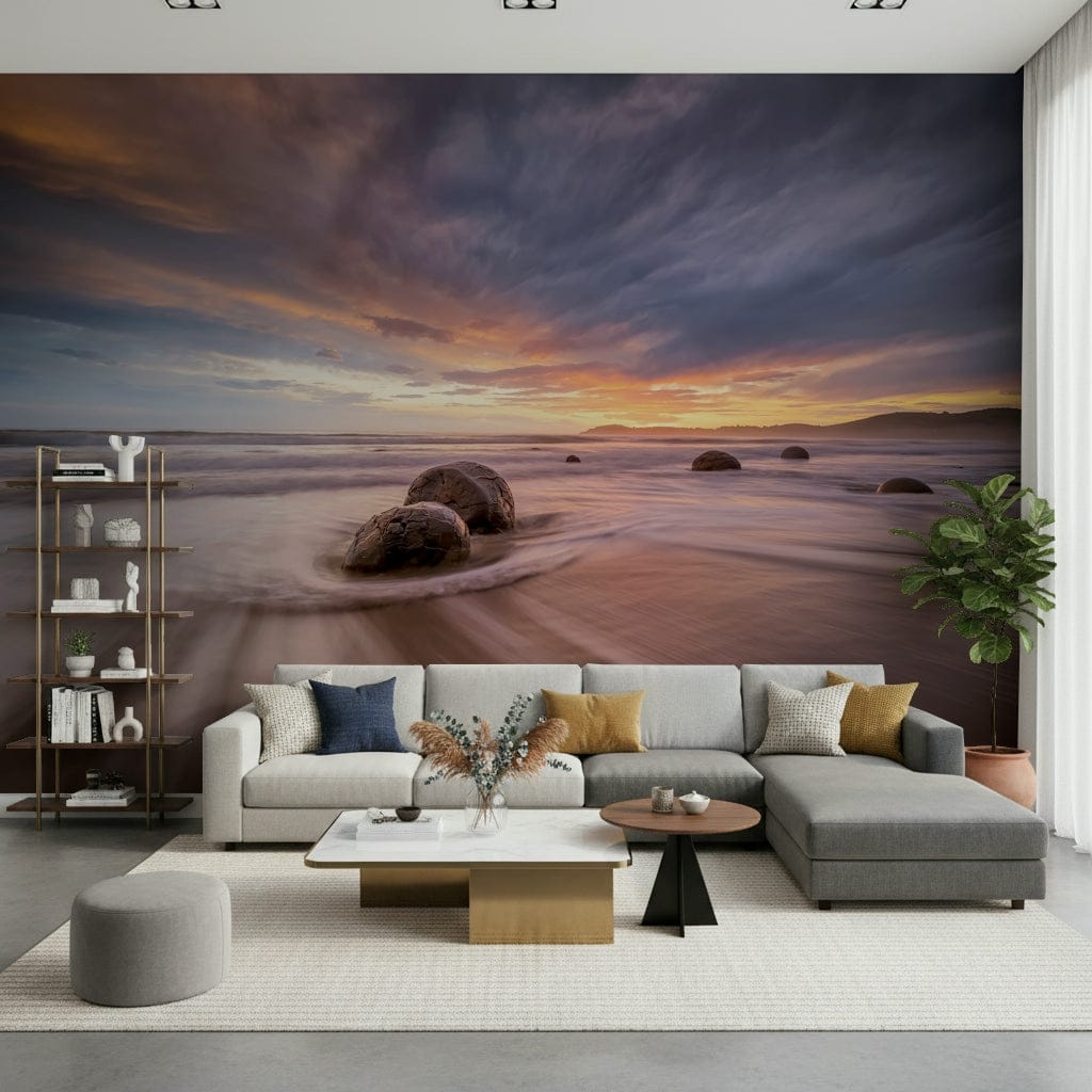 A peaceful modern abstract mural on decorative wallpaper.