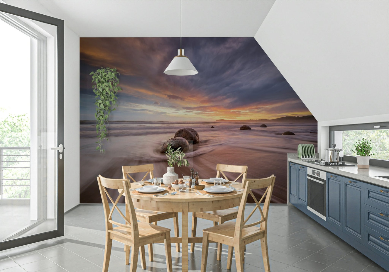 A beautiful coastal stone wallpaper mural at dusk with warm light.