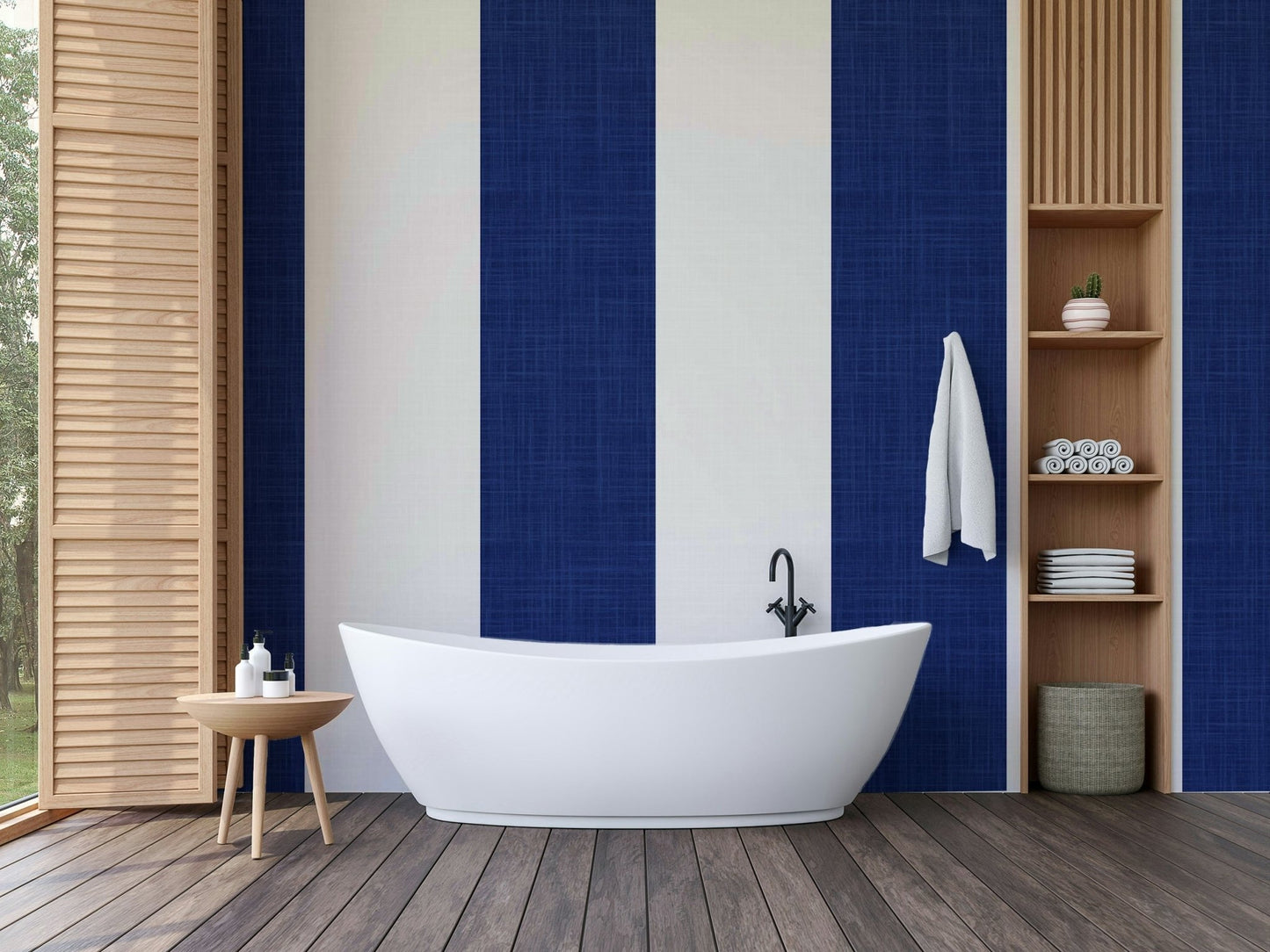 Bathroom decorated with coastal stripes wallpaper

