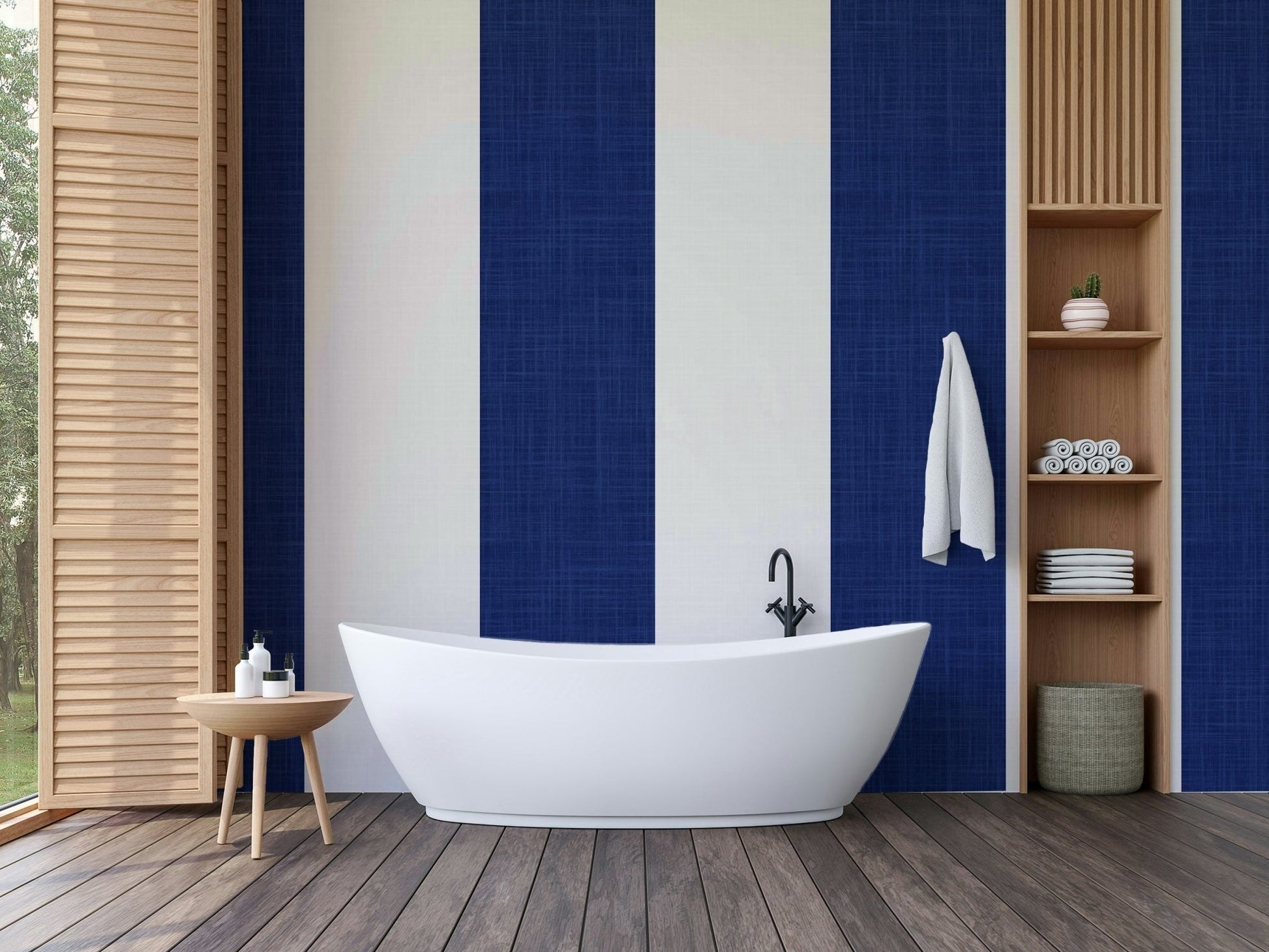 Bathroom decorated with coastal stripes wallpaper

