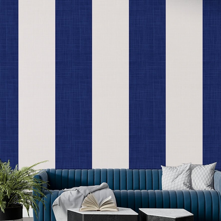 Bold navy and white striped wallpaper for walls

