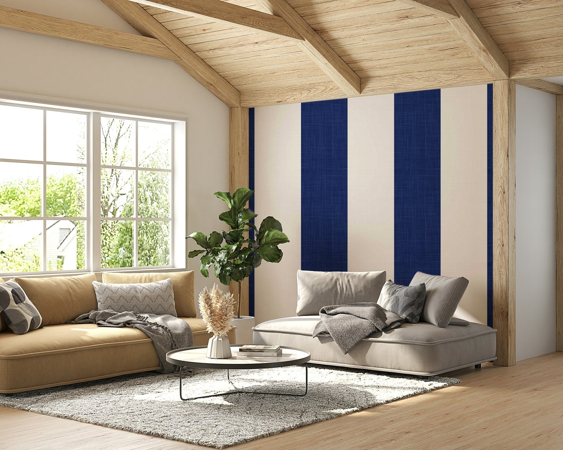 Coastal Stripes Navy Blue wallpaper on living room wall

