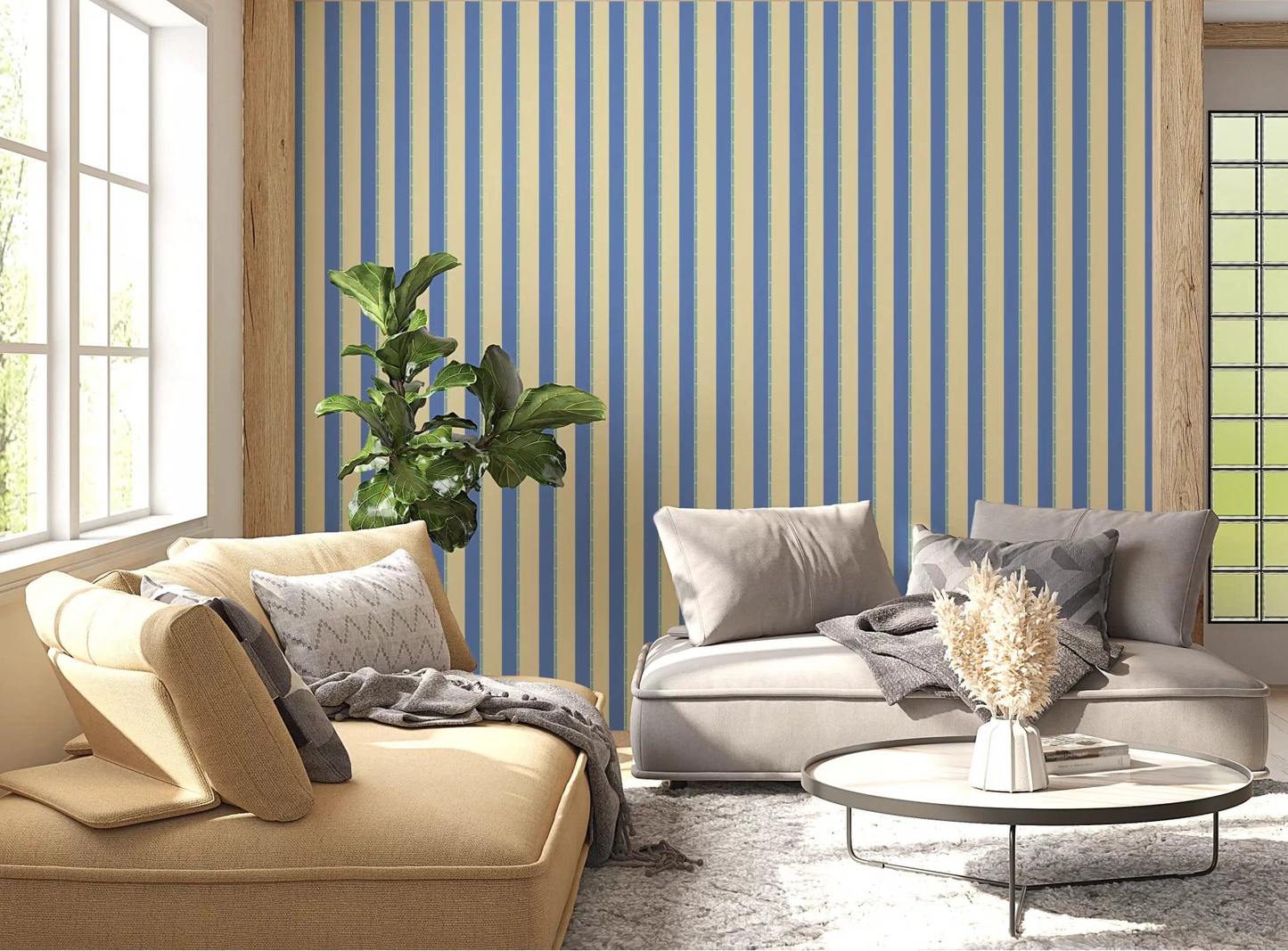 Sunlit living room layered with Coastal Stripes Wallpaper in blue and beige bands