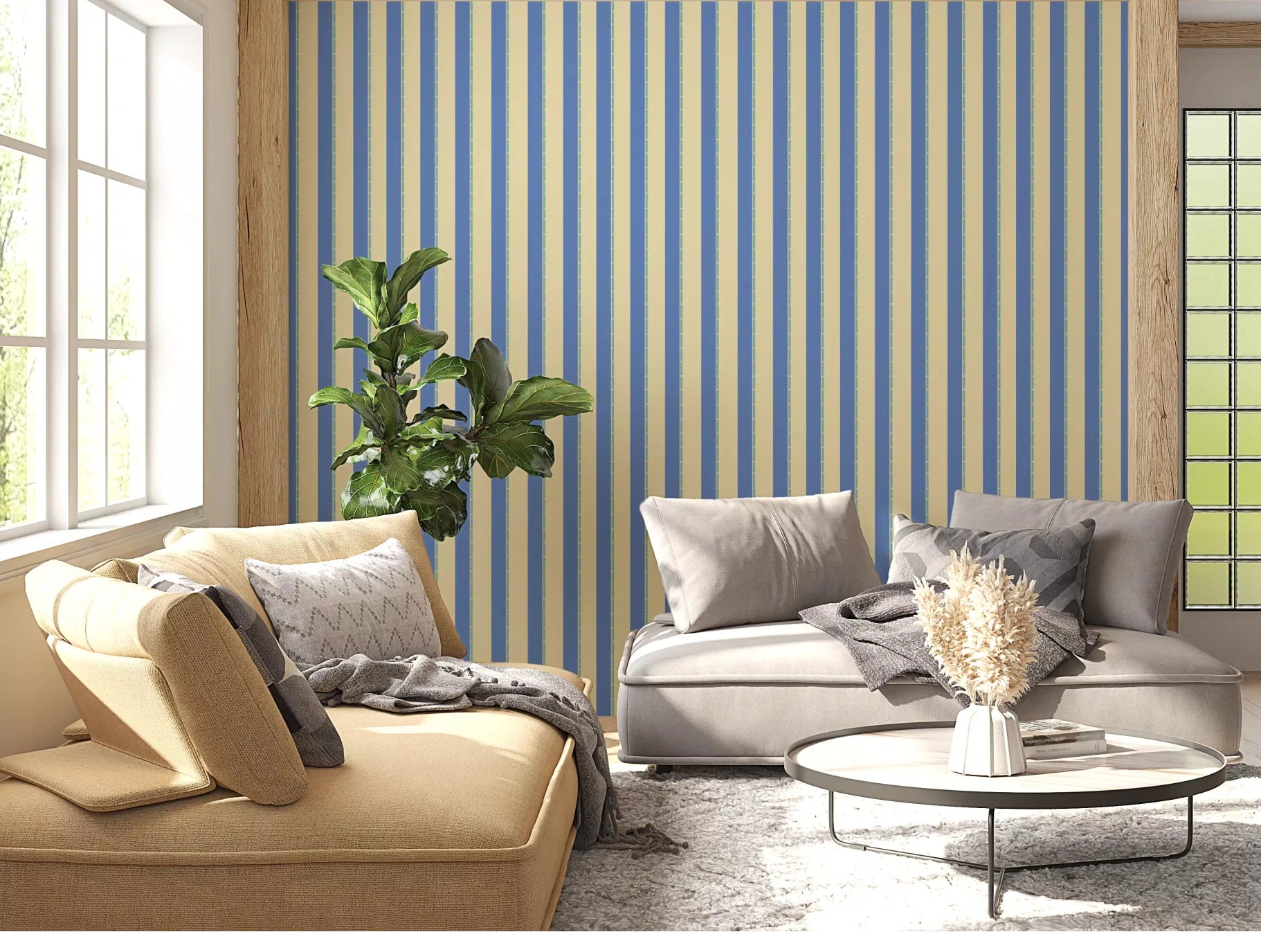 Sunlit living room layered with Coastal Stripes Wallpaper in blue and beige bands