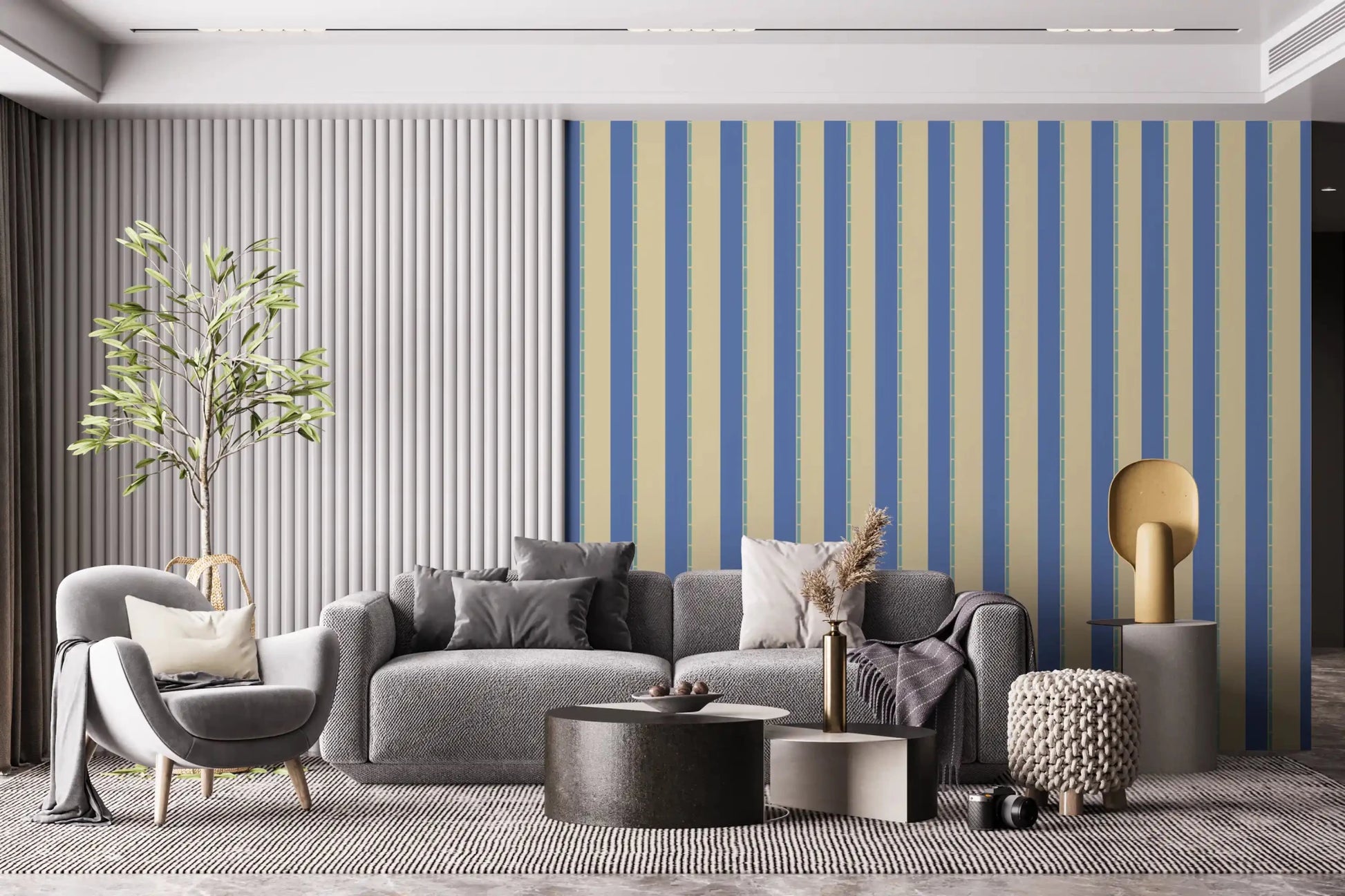 Grey lounge backdrop featuring Coastal Stripes Wallpaper in bold vertical repeats