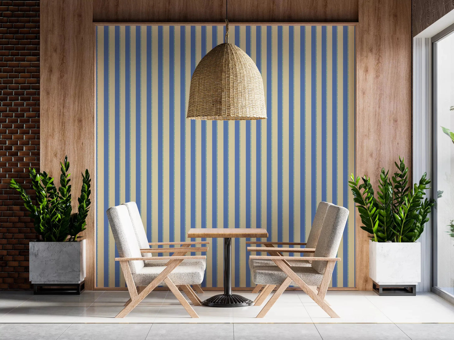 Round dining setup paired with Coastal Stripes Wallpaper in warm coastal tones