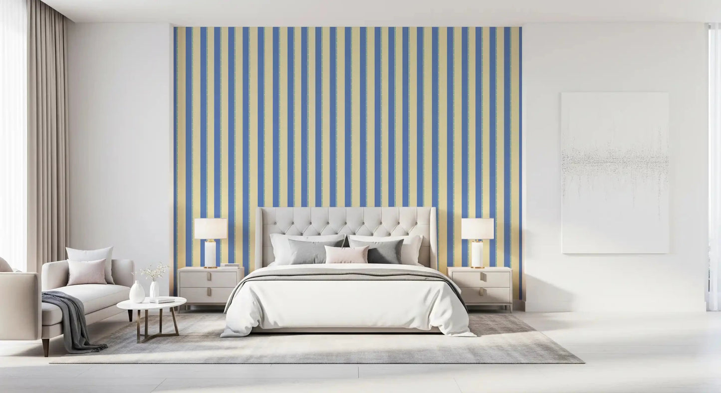 Bedroom vanity styled in Coastal Stripes Wallpaper with airy blue stripes