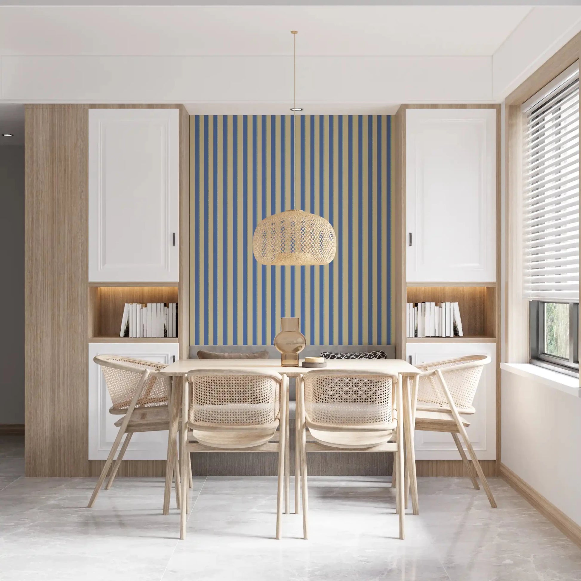 Coastal Stripes Wallpaper brings gentle rhythm to a bright modern dining area