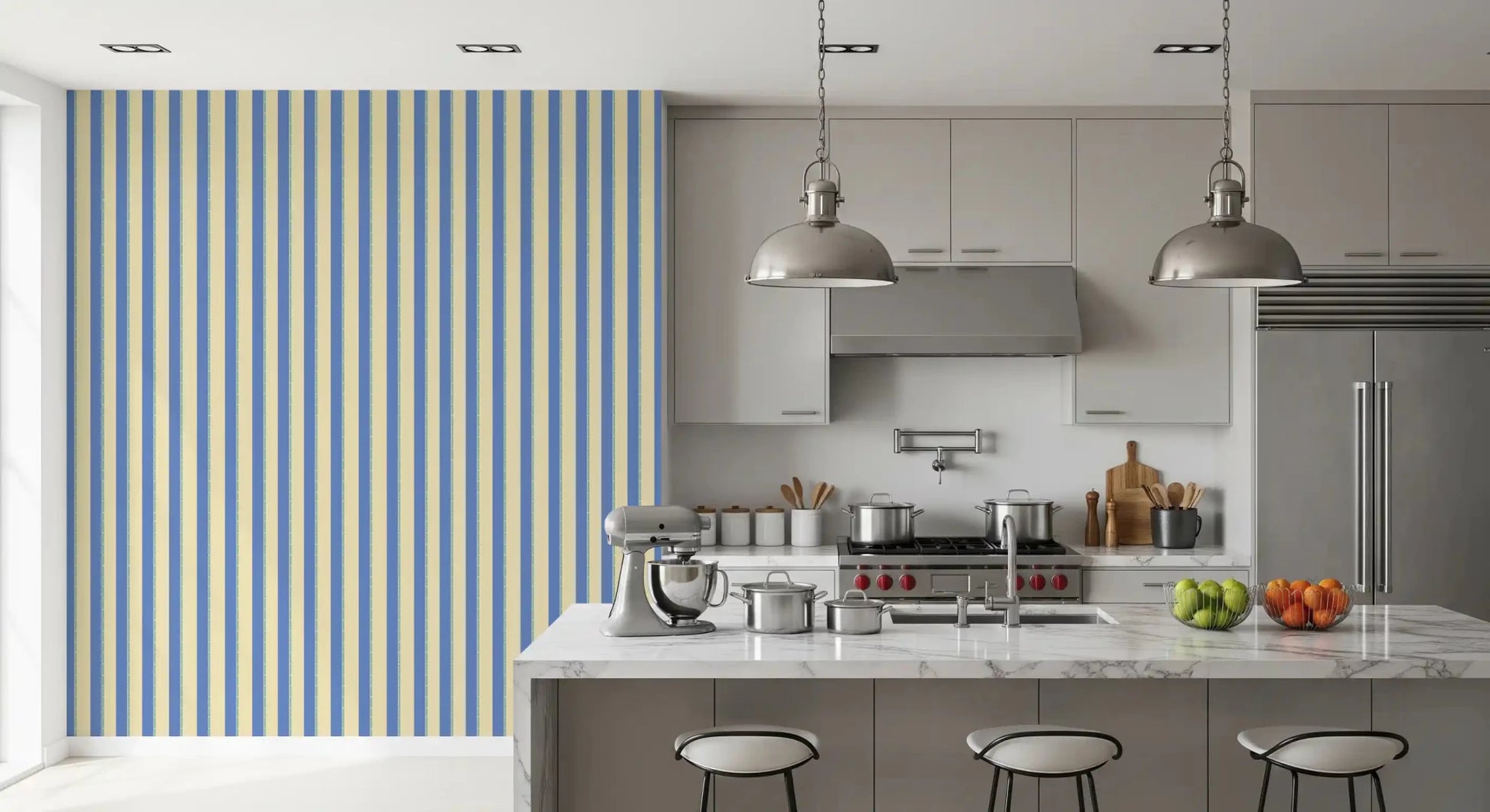 Blue beige Coastal Stripes Wallpaper adds a neat backdrop to the kitchen space