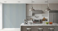 Blue beige Coastal Stripes Wallpaper adds a neat backdrop to the kitchen space