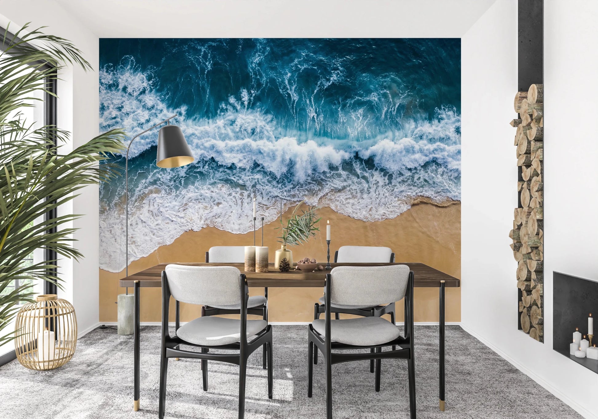 Dining space refreshed with Coastal Surge Wall Mural and textured wave detail, GD8672