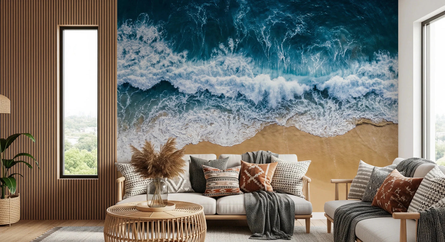 Rustic nook brightened by Coastal Surge Wall Mural and deep blue ocean movement, GD8672