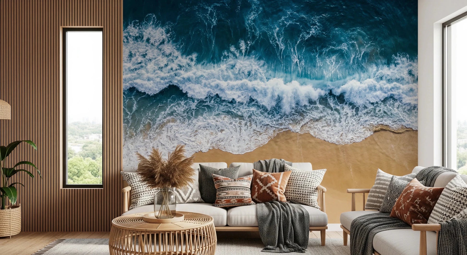Rustic nook brightened by Coastal Surge Wall Mural and deep blue ocean movement, GD8672