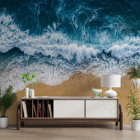 Console styled with Coastal Surge Wall Mural and a dramatic overhead coast scene, GD8672