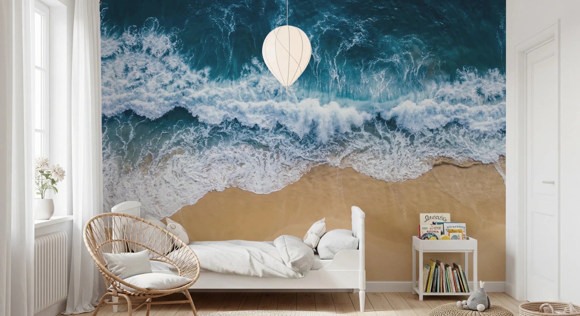 Kids bedroom finished with Coastal Surge Wall Mural and bold seafoam pattern, GD8672