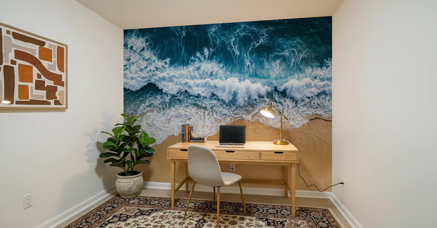 Study room softened by Coastal Surge Wall Mural and sandy beach tones, GD8672
