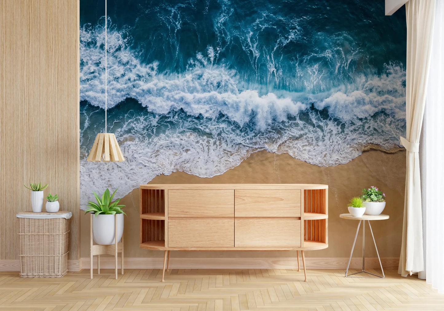 Low console setting lifted by Coastal Surge Wall Mural and sweeping beach contrast, GD8672