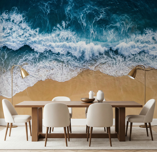 Dining room energized by Coastal Surge Wall Mural and its crashing wave shoreline view