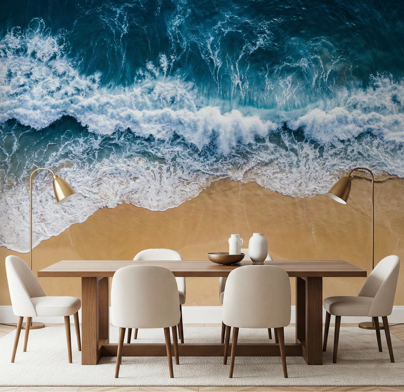 Dining room energized by Coastal Surge Wall Mural and its crashing wave shoreline view